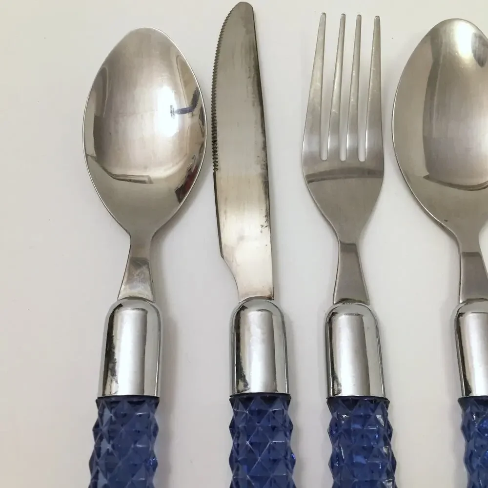 Lot of 10 Lucite Acrylic Plastic Handle Flatware Blue Faceted Diamond